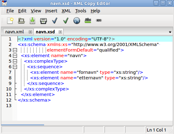 complextype complextype består vanligvis av andre elementer complextype brukes for å lage et tre av elementer <navn> <fornavn> </fornavn> <etternavn> </etternavn> </navn> xml <xs:element name="navn">