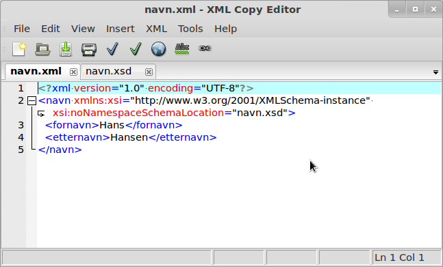 Assosiere en xsd fil med en xml fil Praktisk <?xml version="." encoding="utf-8"?> <navn xmlns:xsi="http://www.w3.org/2/xmlschema-instance" xsi:nonamespaceschemalocation="navn.