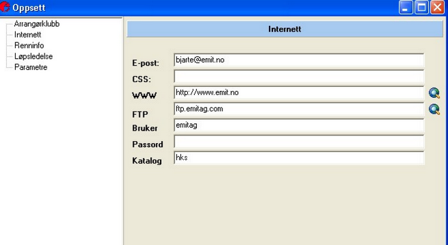 Arrangørklubb Angi klubbnavn og adresse. Brukes bla på fakturaer. Kasserer og kontonummer skrives også ut på fakturaer. Internett Angir ulike internettparametre.
