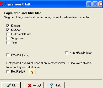 Allerede innbetalt sum kan registreres under klubbavgifter på hver klubb.(data> klubber) Resultater internett Lager html filer for resultatlistene.