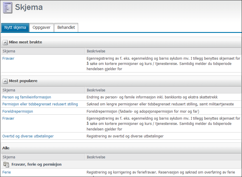 Skjema/Oppgaver All informasjon som skal legges inn i PagaWeb legges inn via skjema.