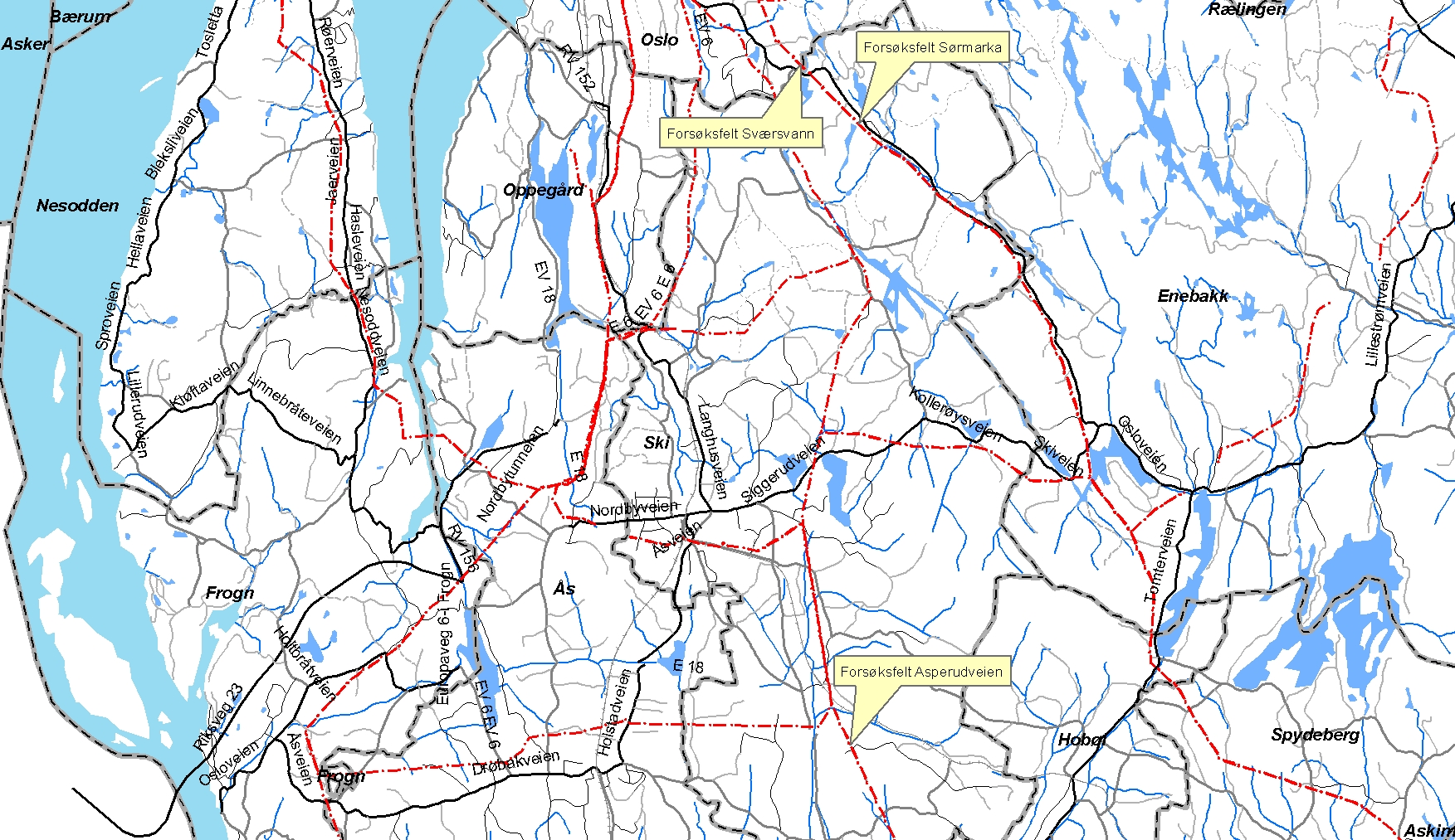 3.5 Beskrivelse av området og forsøkene Undersøkelsen omfatter tre forsøksfelt. De tre felta ligger i Ski kommune, Akershus fylke. Se figur 4. Figur 4. Kart over forsøksfeltene.