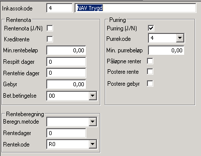 6.10.2 Purreintervall Her setter man opp purreintervallene og knytter en purretekst til de ulike intervallene. 6.10.3 Inkassokoder For at NAV-kontorer skal tas med når det kjøres purring må man krysse av for Purring(J/N).