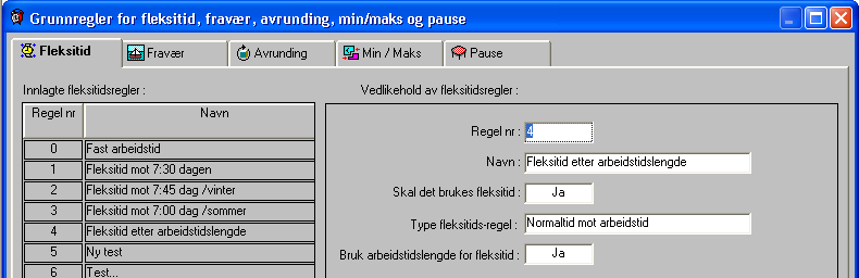 Grunnregler Grunnregler for Fleksitid Hvilken hensikt / funksjon har Fleksitid? I dette skjermbildet defineres reglene rundt fleksitid eller om skjemaer skal benytte fast arbeidstid.
