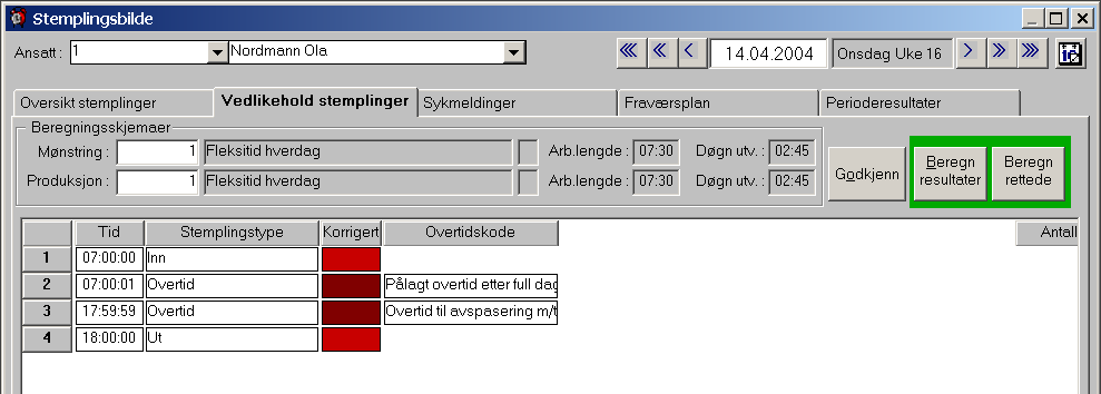 Både før og etter arbeidstiden: betyr om overtidskoden skal gjelde for hele dagen. Velger du denne vil du få opp 2 overtidsrader i stemplingsbildet på samme overtidskode.