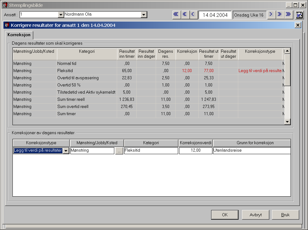 Resultatkorreksjoner Her kan du korrigere dagens resultat, samt se på stemplingsparene for denne dagen.