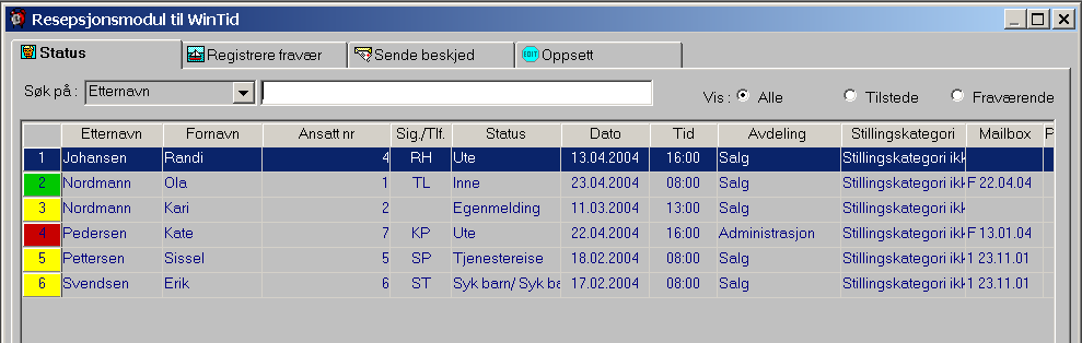 Resepsjonsmodul Resepsjonsmodulen i WinTid gir informasjon om hvor de ansatte er. Dvs. om de er kommet på jobb eller er på fravær.