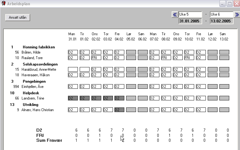 Man kan bla seg frem i tid ved å trykke <<->> knappene. Ved å trykke en gang på >>, går man en uke frem i tid. Dvs da vises uke 6 og uke 7 fra eksemplet over. Tilsvarende tilbake <<.