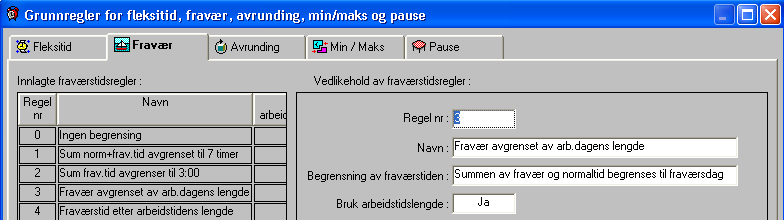 Feltbeskrivelser for skjermbildet Fravær Skjermbildet består av to felter hvor feltet til venstre lister de reglene som er definerte.
