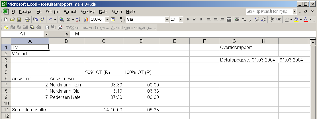 Eksportere WinTid rapporter i Excel Man kan eksportere rapporter fra WinTid Til Excel. De rapportene som kan eksporteres er Perioderapport, Resultatrapport, Saldorapport og FTO-rapport med %.