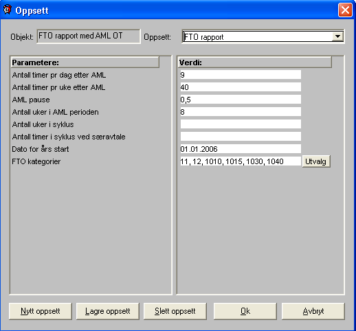 Oppsett I dette feltet gir du ditt oppsett et navn, for eksempel FTO rapport med AML OT. Antall timer per dag etter AML Antall arbeidstimer per dag er standard 9 timer.