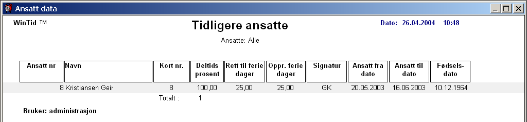 Beskrivelse av rapporten Ansatt data Person data Rapporten Persondata, velges fra egenskaper viser kortnr, deltidsprosent, rett til ferie dager, opprinnelige feriedager, signatur, ansatt fra dato og