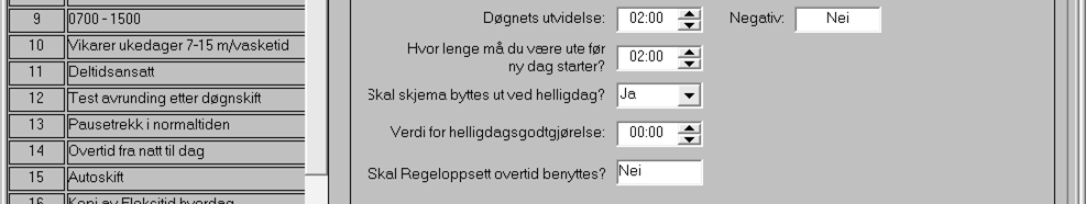 Under Regeloppsett overtid finnes en dropdown med innlagte regler. Feltet inneholder også et blankt felt slik at evt alle regler kan fjernes.