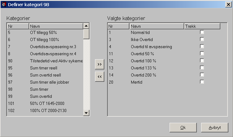 Definer kategori 98 Sum timer Denne kategorien fungerer slik som før. Den viser oss hvor mye tid som den ansatte skal ha utbetalt. Disse kategoriene ligger til grunn for lønnsutbetaling.