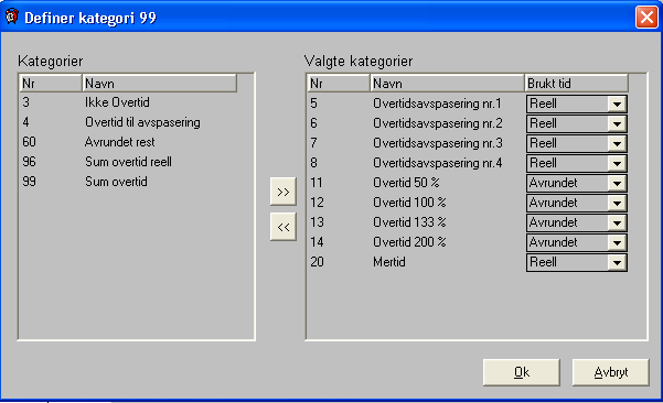 Definer kategori 99 Sum overtid Denne kategorien fungerer slik som før. Den viser oss hvor mye overtid som den ansatte skal ha utbetalt. Disse kategoriene ligger til grunn for lønnsutbetaling.