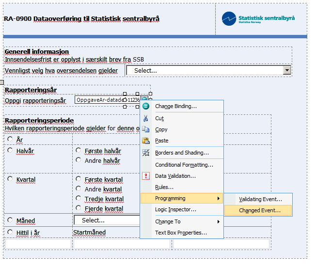 Figur 68 - InfoPath, kodeliste Følgende kode skal legges inn for dette feltet: NotifyHost("TrackFieldChanged_" + e.site.name); Dette skal legges i metoden som automatisk ble lagt til av Visual Studio.