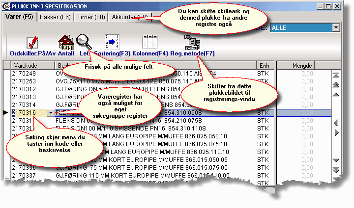 Spesifikasjoner - en grunnleggende innføring Velg aktuell posttype, f.eks. Vare fra prisbok ved å klikke på ønsket posttype eller taste understreket menybokstav.