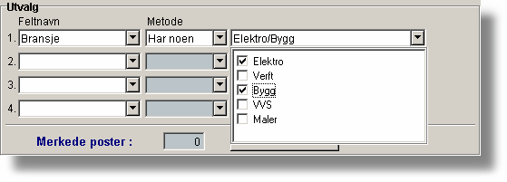 120 Generell innføring i Cordel der du kan velge en eller flere av feltets menyvalg: Med henvisning til eksempelet ovenfor, der Elektro og Bygg er er merkede alternativ, kan vi beskrive metodene