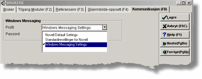 40 Generell innføring i Cordel 4.5 Kommunikasjon I dette skillearket kan du legge inn hvilken profil som skal benyttes idet en åpner Windows Messaging.