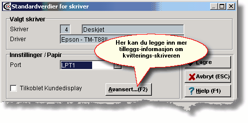 Definere skrivere og fax Windows-skrivere Dersom du i feltet Type har valgt en Windows-skriver, får du fram følgende vindu: Når du legger inn de mest vanlige valgene (A4 er vanlig papirstørrelse i