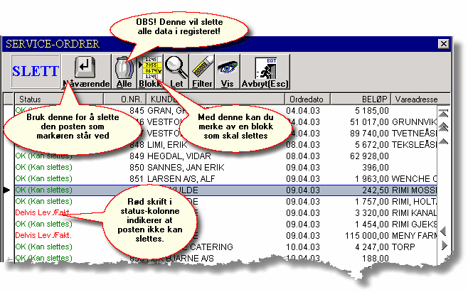 58 Generell innføring i Cordel 6.3.3 Slette data Sletting av data aktiveres ved å velge knappen 8[Slett].