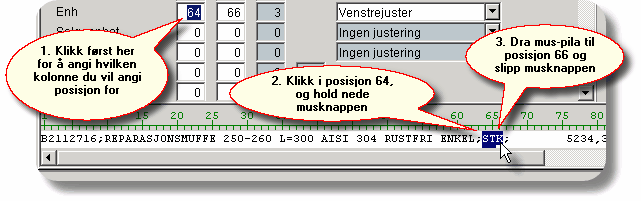 Registre Skilleark 0[Kolonner]: I dette skillearket spesifiserer du hvor i importfila de ulike feltene ligger. Du kan angi fra/til posisjon ved å taste inn verdiene, eller du kan bruke dra-og-slipp.