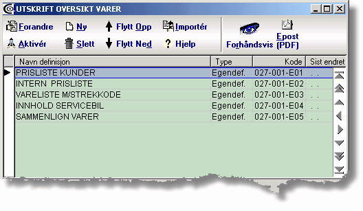 76 Generell innføring i Cordel meny der en skal velge rapporttype. I vareregisteret får en f.eks. en meny med valgene Vareliste, Etiketter, Spesialetiketter og Vareforbruk.