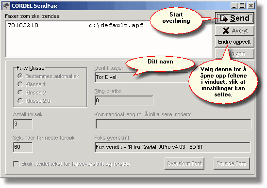 86 Generell innføring i Cordel Oppgi faxnummer. Dersom du setter kryss i feltet Lagre faxnr, vil system prøve å oppdatere kunde/leverandør med det nummeret du oppgir.