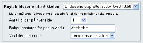 I artikkelen du har opprettet, kan du nå velge bildeserien fra nedtrekksmenyen (på side to i artikkelredigering) utfra den tittelen