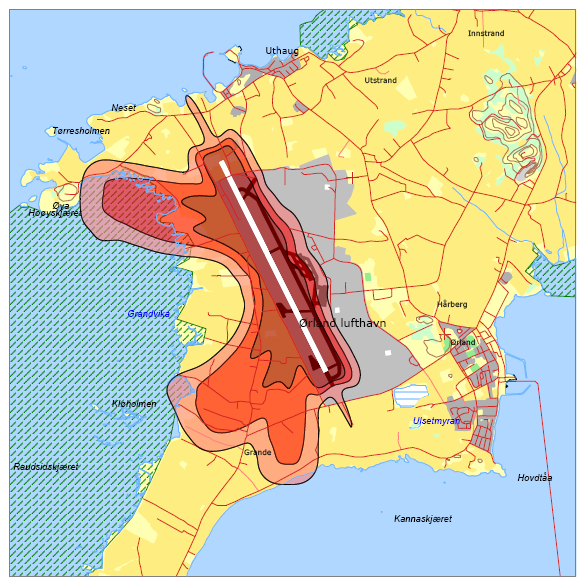 Områder med overflyvning Utenfor kampflybasen kan det i områder med forventet overflyvning i forbindelse med avgang være så høye støynivå fra nye kampfly at ubeskyttet eksponering kan medføre risiko