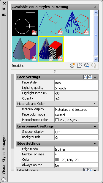 16 AutoCAD 2012 VISUALSTYLES (VSM) Egendefinerte visuelle stiler Visuelle stiler er sammensatt av flere parametre.