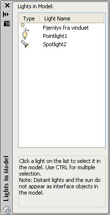 AutoCAD 2012 75 Kunstige lyskilder Når vi ønsker å styre belysningen mer presist, eller vi ønsker skyggevirkninger i tegningen, slår vi på eller oppretter andre lyskilder enn standardbelysningen.