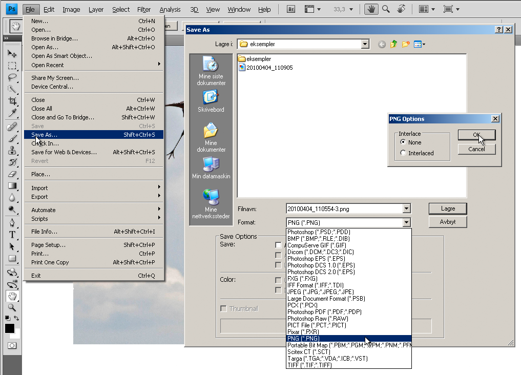 Eksport av bilde til PNG med Adobe Photoshop (Windows) 1. Åpne bildet du vil lagre eller eksportere i Photoshop. 2. Velg menyen File > Save As... 3.