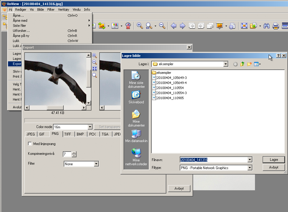 Eksport av bilde til PNG med XnView (Windows) XnView kan importere og eksportere en rekke forskjellige billedformater. 1. Åpne bildet du vil lagre eller eksportere i XnView. 2. Velg menyen Export... 3.