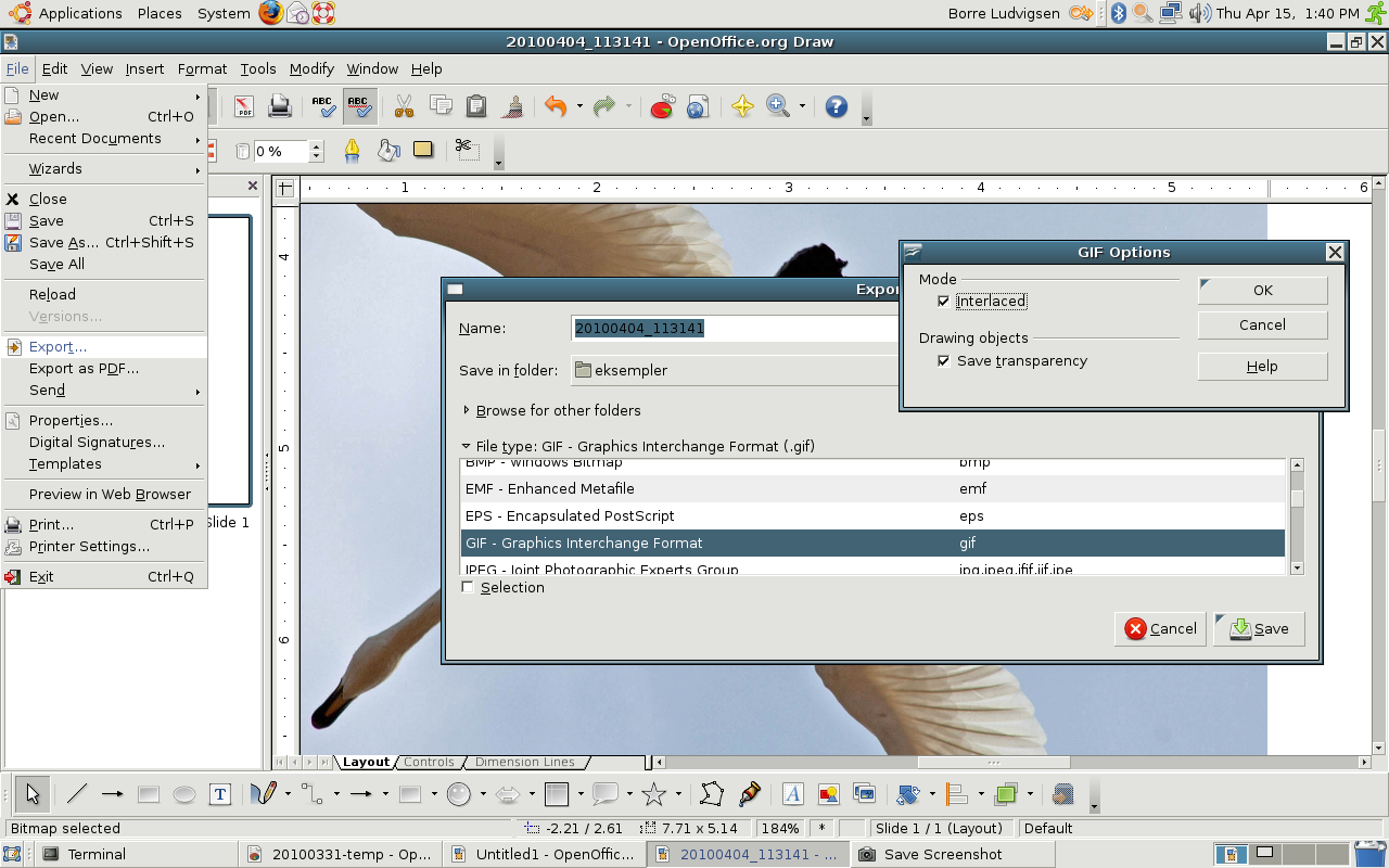 Eksport av bilde til GIF med Open Office Draw (Linux) 1. Åpne tegningen du vil lagre eller eksportere i Open Office Draw. 2. Velg menyen File > Export... 3.