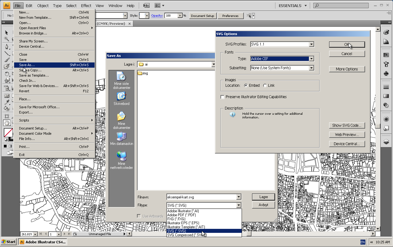 Eksport til SVG med Adobe Illustrator (Windows) Adobe Illustrator kan eksportere vektorgrafikk direkte til SVG (.svg) ved å velge formatet dialogmenyen.