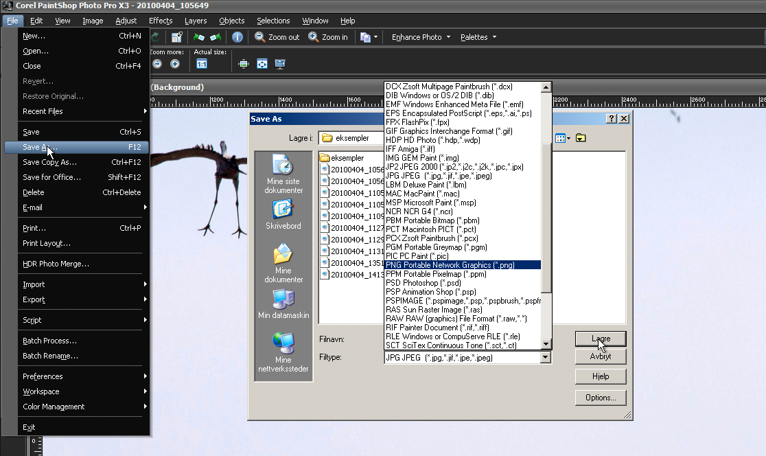 Eksport av bilde til PNG med Corel PaintShop Photo Pro (Windows) Eksport av bilde til PNG (.png) med PaintShop Pro. 1. Åpne bildet du vil lagre eller eksportere i PaintShop. 2.