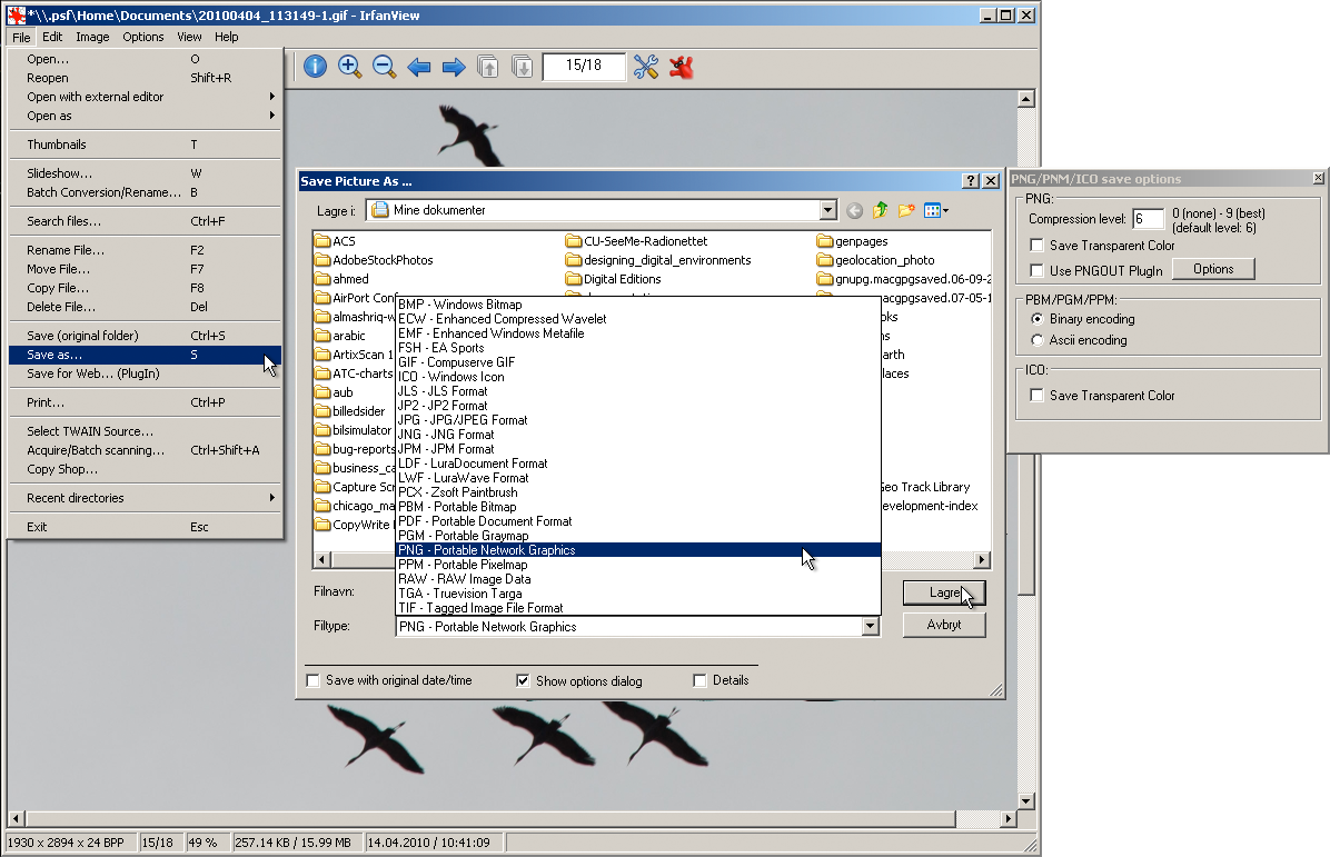 Eksport av bilde til PNG med Irfan View (Windows) Irfan View kan importere og eksportere en rekke forskjellige bildeformater. 1. Åpne bildet du vil lagre eller eksportere i Irfan View. 2.