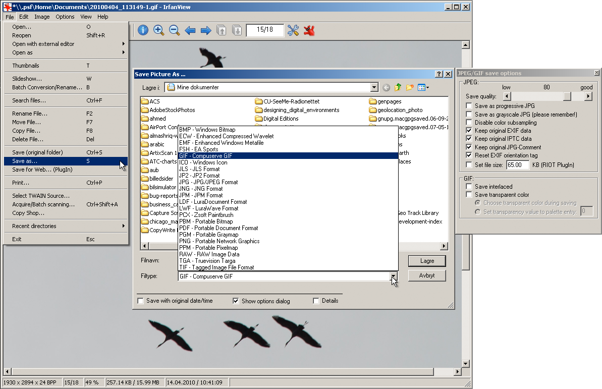 Eksport av bilde til GIF med Irfan View (Windows) Irfan View kan importere og eksportere en rekke forskjellige billedformater. 1. Åpne bildet du vil lagre eller eksportere i Irfan View. 2.