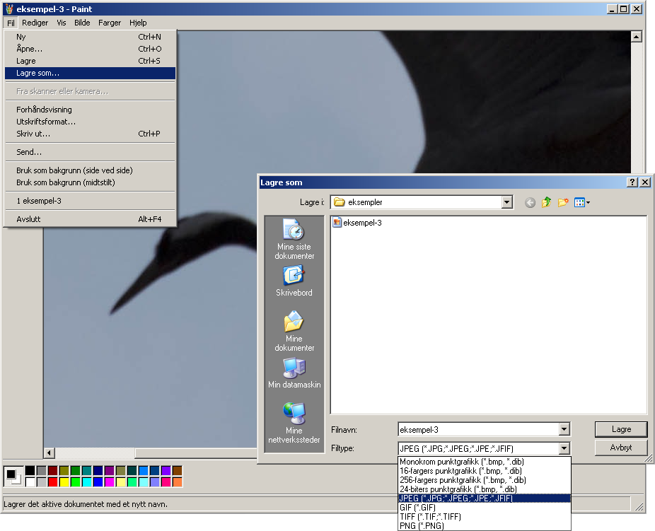 Eksport av bilde til JPEG med Paint (Windows) Paint er et enkelt billedbehandlingsprogram som følger med i standard Microsoft Windows installasjoner.