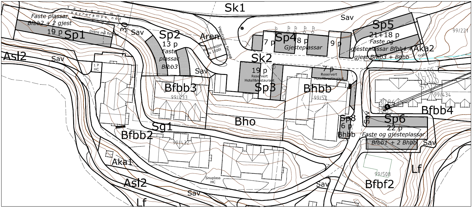 Sp6: Eksisterande parkeringsplass sør for busetnaden i Bfbb4 (99/434) utvidast og orienterast parallelt til fasaden i busetnaden, med ein avstand på ca. 7 m frå denne.