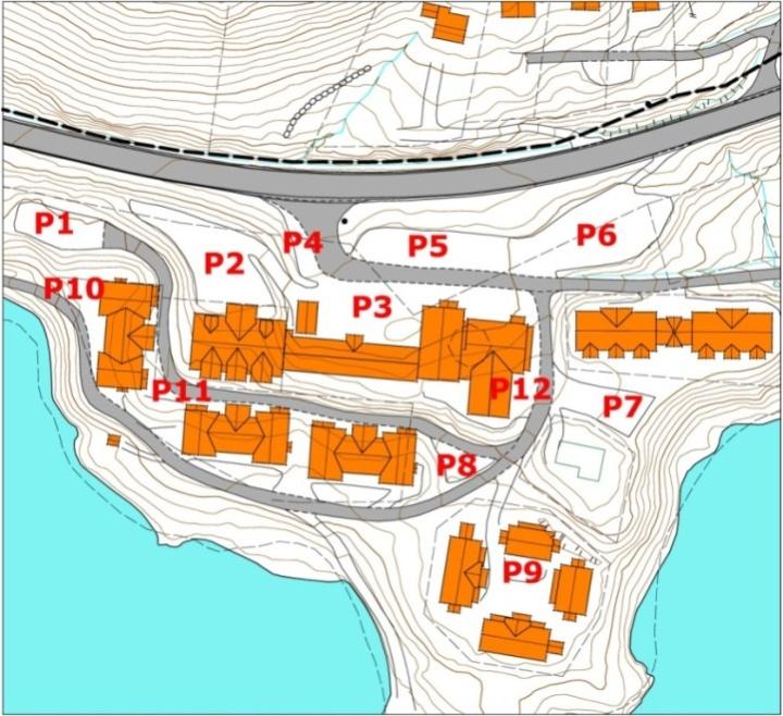 Føresegnene til reguleringsplanen gjev heimel til 6600 m 2 BYA nye bygg. Ved ein gjennomsnittleg storleik på 80-85 m 2 ville ein då ha teoretisk parkeringsdekning for alle einingar.