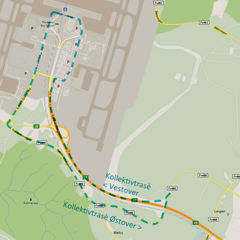 Områderegulering for Oslo lufthavn, Gardermoen 43 Figur 11. Ullensaker kommunes skisse til en forkortet busstrasé fra Gardermoen næringspark inn mot Oslo lufthavn.