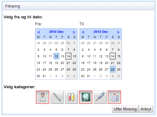 Figur 40: Prototype av filtreringsvindu Dette filtreringsvinduet er fortsatt tilgjengelig via «filtrer»-knappen i brukergrensesnittet, men filtreringen er ikke funksjonelt operativ.