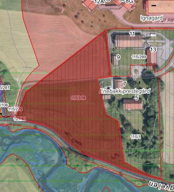 30 Prestegårdsbakken (gnr/bnr 115/318) Gjeldende formål: Kommuneplan: Båndlagt etter lov om kulturminner; Reguleringsplan: Regulert til landbruk (REG316 - Kirkebygden sentrum) Gjeldende forhold: