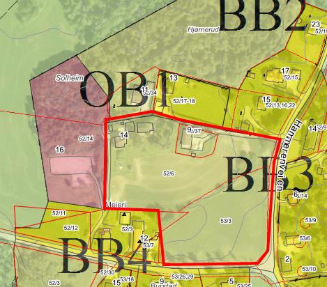 52 BURSTAD BB3/Solheim/Burstad (gnr/bnr 52/6, 53/3 og del av 52/3) Gjeldende formål: Kommuneplan: Framtidig boligområde (i kommuneplan fra senest 1988); Reguleringsplan: Regulert til landbruk (REG328