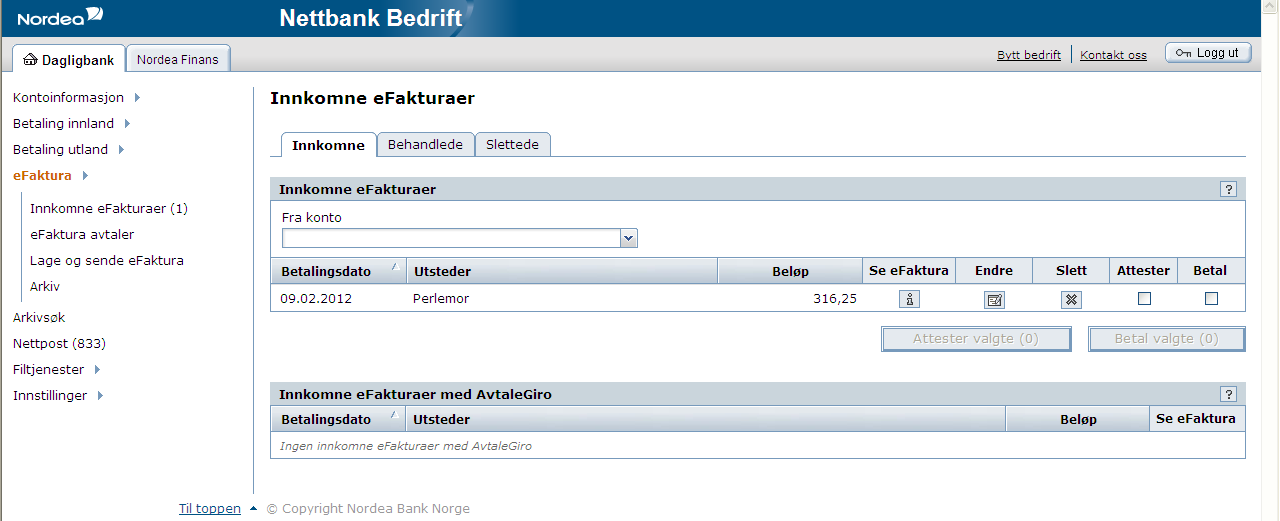 Innkomne faktura For å se på, kontrollere og betale mottatte efaktura, klikk på Innkomne efakturaer i menyen til venstre.
