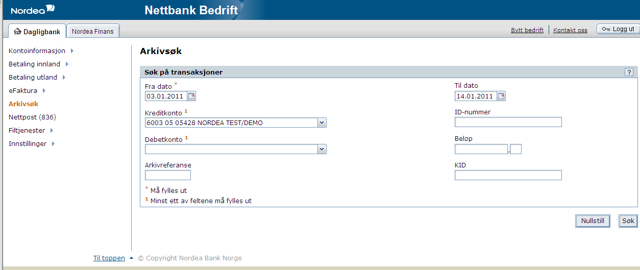 Arkivsøk Arkivsøk er en funksjonalitet som det er mulig å velge uavhengig av andre tilganger i Nettbank Bedrift. Denne tjenesten gir mulighet for å hente ut mer informasjon om enkelt transaksjoner.