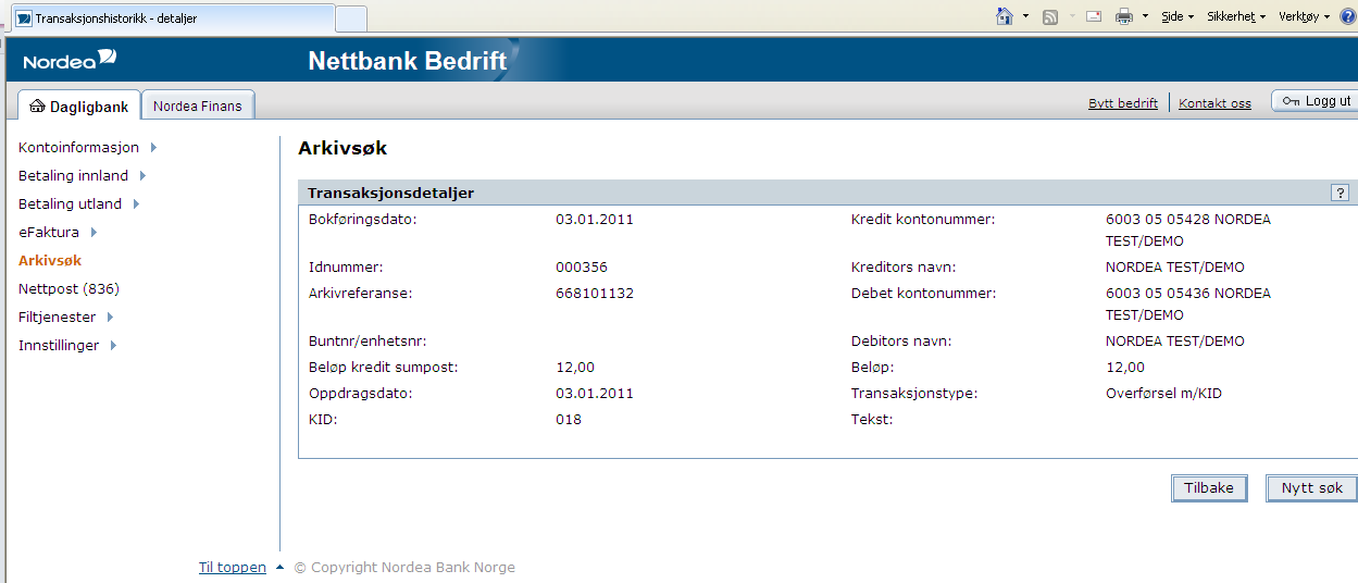 Ved å klikke Infoknappen til høyre i skjermbildet utfor de enkelte transaksjonene får man mer informasjon om den enkelte betaling.