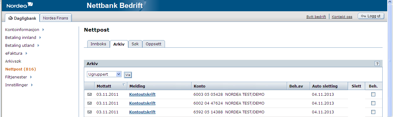 Innboks Ved å trykke på meldingstypen, f.eks. kontoutskrift vil du åpne en PDF kopi av meldingen. Du kan velge om du vil skrive den ut eller arkivere den på egen PC eller server.